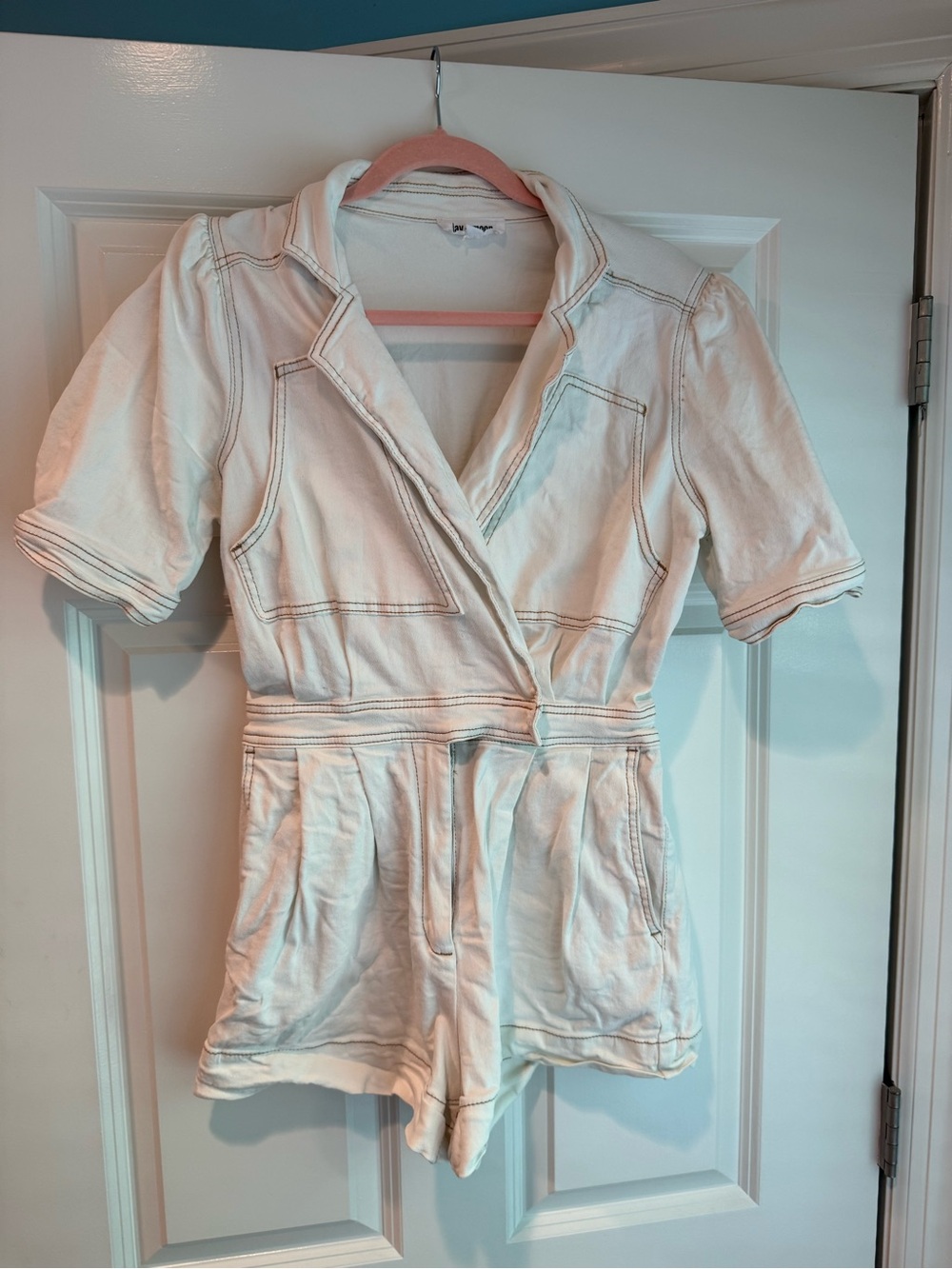 Day and Moon White Denim Gameday Romper with Contrast Stitching